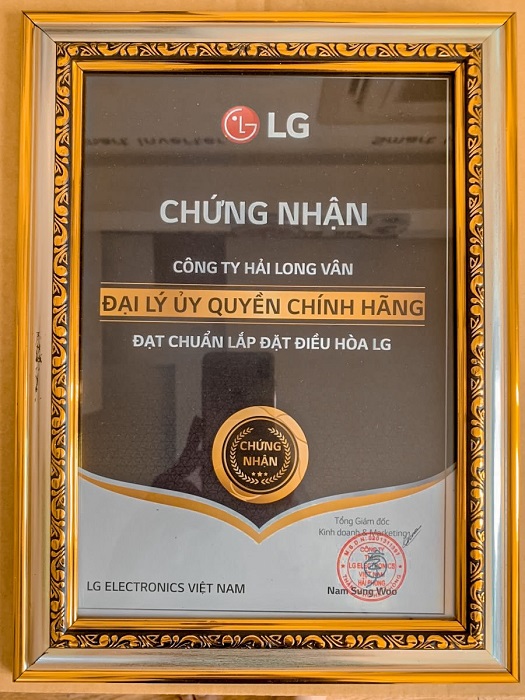 giấy chứng nhận nhà thầu độc quyền chuyên phân phối máy lạnh âm trần LG